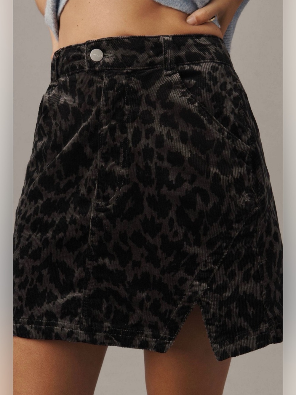 Pilcro Anthropologie Animal print Black and Charcoal Leopard Corduroy Mini Skirt